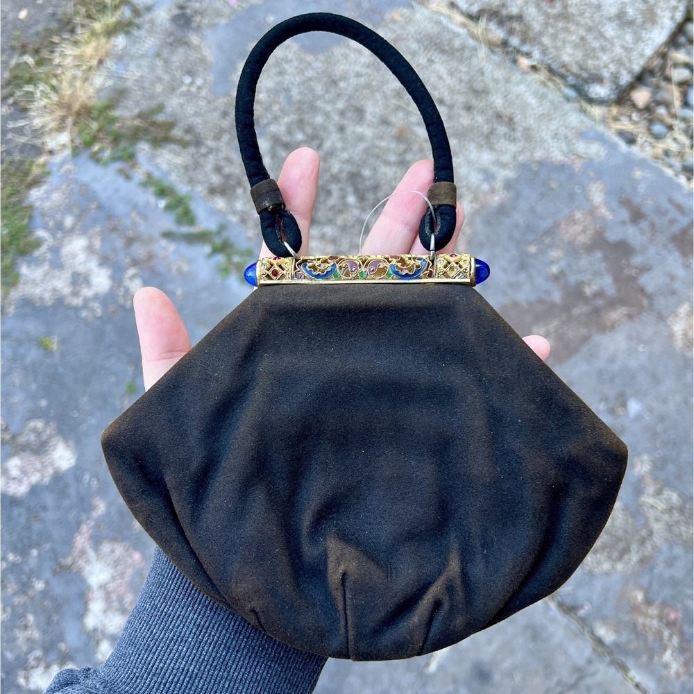 VTG1950s Jolles‎ Original Enameled Closure Faded Black Bag Purse Silky Interior